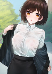 Rule 34 | 1girl, bob cut, breasts, brown hair, covered erect nipples, highres, jacket, nipples, no bra, office lady, open mouth, orange eyes, original, removing jacket, see-through, shirt, short hair, skirt, solo, sweat, tantansanpo, tree, white shirt