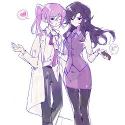Rule 34 | 16personalities, 2girls, cellphone, closed mouth, coat, collared shirt, couple, glasses, hair between eyes, hair down, hand up, heart, highres, holding, holding phone, jingwosuonengba, lab coat, light blush, long hair, long sleeves, looking at another, multiple girls, myers-briggs type indicator, necktie, one eye closed, open clothes, open coat, open mouth, pants, pantyhose, phone, ponytail, purple eyes, purple hair, purple necktie, purple pants, purple pantyhose, purple skirt, purple vest, shirt, simple background, skirt, speech bubble, spoken heart, standing, vest, white background, white shirt, yuri