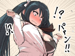 Rule 34 | !?, 1girl, black bra, blue hair, blush, bra, breasts, bursting breasts, closed mouth, emphasis lines, from below, frown, green eyes, hair ribbon, hands up, isuzu (kancolle), kantai collection, large breasts, long hair, long sleeves, looking down, motion blur, nose blush, open clothes, open shirt, popped button, ribbon, shirt, solo, surprised, takahashi meishin, twintails, underwear, upper body, v-shaped eyebrows, white ribbon, white shirt, wide-eyed