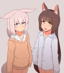 Rule 34 | &gt;:o, 2girls, :o, animal ears, bad id, bad twitter id, brown hair, ears down, expressionless, flat chest, fox ears, fox tail, grey background, highres, long hair, long sleeves, looking at viewer, multiple girls, naked shirt, naozuri, orange shirt, original, purple eyes, shirt, silver hair, simple background, skirt, sleeves past wrists, sweater, tail, v-shaped eyebrows