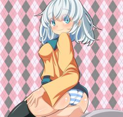 Rule 34 | 1girl, aqua hair, argyle, argyle background, argyle clothes, ass, bad id, bad pixiv id, bed sheet, black thighhighs, blue eyes, breasts, covered erect nipples, eyes visible through hair, from behind, komeiji koishi, looking at viewer, oimo (imoyoukan), panties, shiny skin, shirt, short hair, sitting, sitting on face, sitting on person, smile, solo, striped clothes, striped panties, thighhighs, touhou, underwear, wide sleeves, yellow shirt