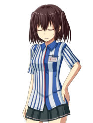 Rule 34 | 10s, 1girl, alternate costume, arm at side, black skirt, blouse, brown hair, closed eyes, employee uniform, hair between eyes, hand on own hip, haura akitoshi, kantai collection, lawson, miniskirt, open mouth, sendai (kancolle), shirt, sigh, simple background, skirt, solo, striped clothes, striped shirt, sweatdrop, two side up, uniform, vertical-striped clothes, vertical-striped shirt, white background
