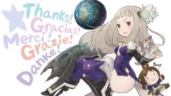 Rule 34 | 1girl, boots, bravely default (series), bravely second: end layer, cleavage cutout, clothing cutout, flower, hair flower, hair ornament, highres, ikusy, long hair, long sleeves, magnolia arch, mixed-language text, multilingual, official art, planet, silver hair, smile, solo, thick thighs, thighhighs, thighs, yoshida akihiko