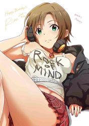 Rule 34 | 10s, 1girl, 2015, ayano yuu (sonma 1426), bad id, bad twitter id, belt, black jacket, breasts, brown hair, camisole, dated, english text, green eyes, hand on headphones, happy birthday, headphones, idolmaster, idolmaster cinderella girls, jacket, jewelry, knees up, crossed legs, long sleeves, looking at viewer, lying, midriff, miniskirt, necklace, on back, open clothes, open jacket, pendant, plaid, plaid skirt, short hair, skirt, small breasts, solo, strap slip, tada riina, white background