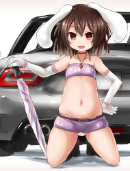 Rule 34 | 1girl, animal ears, arm at side, bandeau, bare shoulders, black hair, black socks, car, carrot necklace, collarbone, elbow gloves, fiat, fiat 124, gloves, groin, highres, inaba tewi, jewelry, kihuzinz, kneeling, looking at viewer, midriff, motor vehicle, navel, necklace, parasol, rabbit ears, rabbit girl, rabbit tail, race queen, red eyes, short hair, smile, socks, solo, stomach, strapless, tail, thighs, touhou, tube top, umbrella, white gloves