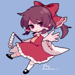 Rule 34 | 1girl, ahiru tokotoko, ascot, black footwear, blue background, bow, brown eyes, brown hair, commentary, frilled skirt, frills, full body, gohei, hair bow, hair tubes, hakurei reimu, highres, holding, long sleeves, looking at viewer, medium hair, open mouth, pixel art, red bow, red skirt, red vest, ribbon-trimmed sleeves, ribbon trim, shirt, sidelocks, signature, simple background, skirt, socks, solo, touhou, vest, white shirt, white socks, wide sleeves, yellow ascot