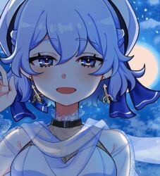 Rule 34 | 1girl, blue eyes, blue hair, commentary request, earrings, ishiki nuru, jewelry, letty whiterock, looking at viewer, lowres, open mouth, outdoors, polearm, scarf, see-through, short hair, smile, snowing, solo, touhou, trident, upper body, weapon, white headwear, white scarf