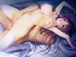 Rule 34 | 1boy, 1girl, arm support, armpits, bed, blush, grabbing another&#039;s breast, breasts, brown hair, censored, character request, clitoral stimulation, eyebrows, feet, fingering, game cg, grabbing, guilty, hetero, indoors, long hair, lying, mosaic censoring, navel, nipples, nude, on back, on bed, open mouth, penis, purple eyes, pussy, pussy juice, rape, saionji nao, sex, thighhighs, toriko no (series), toriko no shirabe, vaginal, white thighhighs