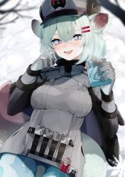 Rule 34 | ammunition pouch, animal ears, artist name, bad id, bad pixiv id, bare tree, blue archive, blue eyes, blue pantyhose, blurry, blurry background, breasts, camouflage, camouflage legwear, commentary, crossed bangs, dutch angle, flask, from below, gloves, gradient eyes, green hair, grey gloves, grey jacket, hair between eyes, hat, highres, jacket, kairi630, looking at viewer, medium breasts, multicolored eyes, open mouth, outdoors, pantyhose, pink eyes, pouch, shako cap, shigure (blue archive), short hair, signature, smile, snowing, tail, thigh gap, tree, winter