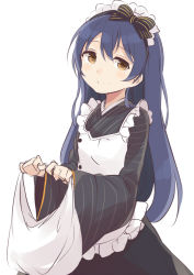 Rule 34 | 1girl, apron, bad id, bad pixiv id, blue hair, blush, closed mouth, commentary request, frills, hair between eyes, holding, long hair, long sleeves, looking at viewer, love live!, love live! school idol festival, love live! school idol project, maid, maid headdress, simple background, smile, solo, sonoda umi, totoki86, white background, yellow eyes