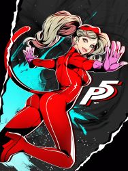 Rule 34 | 10s, 1girl, ass, blonde hair, bodysuit, cat tail, eu (euspia), gloves, high heels, looking back, mask on head, persona, persona 5, solo, tail, takamaki anne, twintails