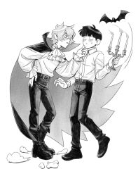 Rule 34 | 2boys, alternate universe, ascot, bat (animal), belt, blush, boots, candle, candlestand, cape, commentary, english commentary, fire, full body, gift art, greyscale, hanazawa teruki, hand on another&#039;s chin, hand on own hip, kageyama shigeo, leunfer, long sleeves, looking at another, male focus, mob psycho 100, monochrome, multiple boys, pants, shirt, shoes, short hair, simple background, standing, vampire, white background