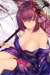 Rule 34 | 1girl, absurdres, blush, breasts, cleavage, closed mouth, collarbone, fate/grand order, fate (series), feng mouren, hair intakes, hair ornament, highres, japanese clothes, kimono, large breasts, long hair, long sleeves, looking at viewer, obi, off shoulder, oil-paper umbrella, purple hair, purple kimono, red eyes, sash, scathach (fate), sitting, solo, thighs, umbrella, wide sleeves