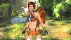 Rule 34 | 1girl, 3d, animal ears, arc system works, bare shoulders, blazblue, breasts, brown eyes, cosplay, crop top, dead or alive, dead or alive 5, fingerless gloves, gloves, large breasts, makoto nanaya, makoto nanaya (cosplay), midriff, mila (doa), miniskirt, navel, official art, orange skirt, red hair, revealing clothes, short hair, skirt, squirrel ears, squirrel tail, tail, tecmo, thighhighs, underboob