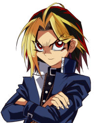 Rule 34 | 1boy, collar, crossed arms, da huang, dyed bangs, hair down, high collar, lowres, male focus, millennium puzzle, multicolored hair, muto yugi, popped collar, portrait, red eyes, simple background, smile, solo, white background, yami yugi, yu-gi-oh!