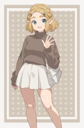 Rule 34 | 1girl, alternate costume, bag, bare legs, blonde hair, braid, brown sweater, chocomiru, commentary, crown braid, english commentary, feet out of frame, green eyes, hair ornament, hairclip, hand up, highres, legs, long sleeves, looking at viewer, miniskirt, nintendo, official alternate hair length, official alternate hairstyle, open hand, open mouth, outside border, parted bangs, pleated skirt, pointy ears, princess zelda, short hair, shoulder bag, sidelocks, skirt, solo, sweater, teeth, the legend of zelda, the legend of zelda: tears of the kingdom, thick eyebrows, turtleneck, turtleneck sweater, upper teeth only, waving, white skirt