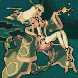 Rule 34 | 1girl, bare legs, blonde hair, blue background, breasts, creatures (company), full body, game freak, gen 3 pokemon, headgear, kantarou (8kan), legendary pokemon, looking at viewer, nintendo, nipples, personification, pokemon, rayquaza, robe, simple background, sitting, solo, star (symbol), tail