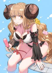 Rule 34 | 1girl, anila (granblue fantasy), anila (summer) (granblue fantasy), bikini, black bikini, blonde hair, commentary, commission, detached sleeves, english commentary, flower, food, granblue fantasy, hair flower, hair ornament, highres, holding, holding food, horns, jun (navigavi), leg ribbon, long hair, looking at viewer, midriff, multicolored bikini, multicolored clothes, navel, partially submerged, popsicle, ribbon, sheep horns, signature, sitting, skeb commission, solo, swimsuit, thick eyebrows, very long hair, water, white bikini