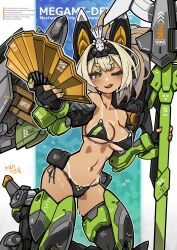 Rule 34 | 1girl, armored boots, bikini, black bikini, blonde hair, boots, breasts, fingerless gloves, gloves, green eyes, hand fan, high ponytail, highres, holding, holding weapon, licking lips, looking at viewer, mecha musume, mechanical ears, medium breasts, medium hair, megami device, nancou (nankou), navel, one eye closed, solo, standing, strapless, strapless bikini, swimsuit, tan, tanline, tongue, tongue out, weapon