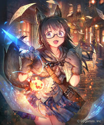 Rule 34 | 10s, 1girl, :d, animal ears, bag, black-framed eyewear, blue eyes, blue skirt, brown hair, building, capelet, collarbone, company name, door, eyebrows, fangs, flying paper, glasses, highres, holding, holding paper, jack-o&#039;-lantern, light particles, long hair, night, official art, okada manabi, open mouth, outdoors, paper, quill, semi-rimless eyewear, shingeki no bahamut, sign, skirt, smile, solo, standing, tail, tiko (shingeki no bahamut), torn clothes, torn skirt, under-rim eyewear, watermark, whiskers, window, wolf ears, wolf paws, wolf tail