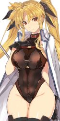 Rule 34 | 1girl, adapted costume, black gloves, black leotard, black thighhighs, blonde hair, breasts, cape, commentary request, cowboy shot, fate testarossa, fate testarossa (impulse form), fate testarossa (movie 1st form), gloves, hair ribbon, himukai kyousuke, large breasts, leotard, long hair, lyrical nanoha, mahou shoujo lyrical nanoha strikers, red eyes, ribbon, see-through, simple background, solo, thigh gap, thighhighs, twintails, white background, white cape