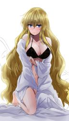 Rule 34 | 1girl, bare shoulders, barefoot, bikini, black bikini, blonde hair, blue eyes, commentary request, hair between eyes, highres, kneeling, long hair, looking at viewer, navel, no headwear, off shoulder, open clothes, open robe, parted lips, robe, simple background, solo, swimsuit, thighs, touhou, very long hair, white background, white robe, y2, yakumo yukari