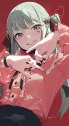 Rule 34 | 1girl, absurdres, black nails, blurry, close-up, depth of field, frilled shirt, frills, green eyes, green hair, hair ornament, hatsune miku, highres, light blush, long hair, long sleeves, looking at viewer, mask, modare, nail polish, pink shirt, ponytail, red background, sharp teeth, shirt, short hair, simple background, smile, solo, teeth, upper body, vampire (vocaloid), vocaloid
