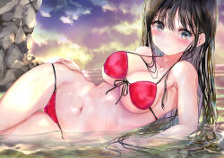 Rule 34 | 1girl, bare arms, bikini, black eyes, black hair, blush, breasts, closed mouth, cloud, collarbone, commentary request, evening, highres, large breasts, long hair, lying, navel, nose blush, ocean, ogata tei, on side, original, outdoors, partially submerged, red bikini, sky, solo, sunset, swimsuit, underboob, wet