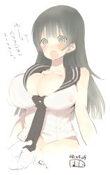 Rule 34 | 10s, 1girl, :o, agano (kancolle), black eyes, black hair, blush, breasts, cleavage, covered erect nipples, dated, fbc, highres, huge breasts, kantai collection, long hair, looking down, navel, see-through, signature, simple background, solo, sweatdrop, translation request, transparent background, white background