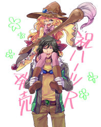 Rule 34 | 1boy, 1girl, ;d, bad id, bad pixiv id, beryl benito, black hair, blonde hair, boots, carrying, gloves, goggles, hat, hisui hearts, ishiwari, jacket, long hair, one eye closed, open mouth, oversized object, paintbrush, pants, piggyback, pink thighhighs, skirt, smile, tales of (series), tales of hearts, thighhighs, white background, wink, witch hat, yellow eyes
