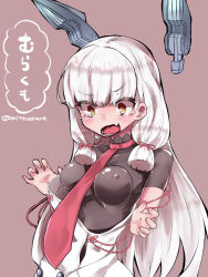 Rule 34 | 10s, 1girl, bad id, bad pixiv id, blush, bodysuit, breasts, character name, covered erect nipples, dress, fang, hair ribbon, headgear, impossible clothes, impossible shirt, kantai collection, long hair, mitsudoue, murakumo (kancolle), murakumo kai ni (kancolle), necktie, open mouth, red necktie, ribbon, sailor dress, school uniform, shirt, short eyebrows, sidelocks, silver hair, simple background, small breasts, solo, tears, translation request, twitter username, yellow eyes