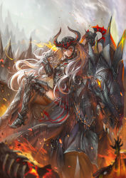 Rule 34 | 10s, 1girl, armor, barding, breastplate, character request, dragon nest, facial mark, fire, gauntlets, greaves, heart, helmet, horse, lips, lipstick, long hair, makeup, red eyes, saber 01, silver hair, silver lips, sitting, solo, sword, weapon, wind
