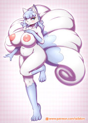 Rule 34 | 1girl, alolan form, alolan ninetales, animal ears, animal hands, artist name, blue eyes, blue hair, blush, breasts, claws, collarbone, creatures (company), feet, female focus, full body, furry, furry female, game freak, gen 7 pokemon, gradient background, hand on own chest, hand up, highres, huge breasts, large areolae, leg lift, logo, looking to the side, multiple tails, navel, nintendo, nipples, nude, patreon, personification, pink background, pokemon, pokemon (creature), pokemon sm, simple background, smile, solo, standing, standing on one leg, tail, tailzkim, text focus, watermark, web address