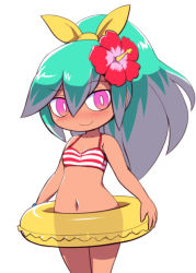 Rule 34 | 10s, 1girl, aqua hair, beachhime, bikini, blush, bottomless, breasts, cropped legs, flower, hair between eyes, hair flower, hair ornament, high ponytail, innertube, long hair, looking at viewer, multicolored hair, navel, nollety, pink eyes, simple background, small breasts, smile, solo, striped bikini, striped clothes, swim ring, swimsuit, tan, thigh gap, traditional youkai, two-tone hair, white background, youkai watch