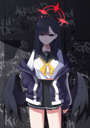 Rule 34 | 1girl, absurdres, ahoge, alternate costume, black eyes, black hair, black jacket, black sailor collar, black skirt, black wings, blue archive, closed mouth, collarbone, cowboy shot, feathered wings, halo, highres, ichika (blue archive), jacket, long hair, long sleeves, looking at viewer, open clothes, open jacket, pleated skirt, red halo, sailor collar, school uniform, serafuku, skirt, solo, tost (cloi123), wings