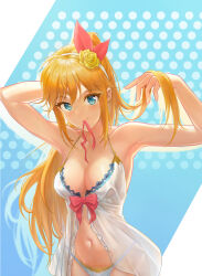 Rule 34 | 1girl, adjusting hair, arm up, armpits, babydoll, bare shoulders, blonde hair, blue background, blue eyes, bow, breasts, character request, chinese commentary, cleavage, closed mouth, collarbone, commentary request, cowboy shot, flower, hair bow, hair flower, hair ornament, hair ribbon, hairband, highres, large breasts, long hair, looking at viewer, mouth hold, navel, panties, pecorine (princess connect!), pecorine (summer) (princess connect!), polka dot, polka dot background, ponytail, princess connect!, red bow, red ribbon, ribbon, ribbon in mouth, see-through, siebencooper, smile, standing, stomach, underwear, white hairband, white panties