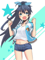 Rule 34 | 1girl, :d, black hair, blue eyes, blush, clenched hand, clenched hands, fang, ganaha hibiki, highres, idolmaster, idolmaster (classic), jacket, long hair, motorii, open clothes, open mouth, open shirt, ponytail, shirt, short sleeves, shorts, sleeves pushed up, smile, solo, star (symbol), track jacket