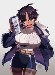 Rule 34 | 1girl, alcohol, artist name, asahi breweries, beer can, bon (vtuber), breasts, brown hair, can, dark skin, drink can, ear piercing, earrings, fang, female focus, fur-trimmed jacket, fur trim, grey eyes, highres, indie virtual youtuber, jacket, jewelry, large breasts, looking at viewer, midriff, miniskirt, multicolored hair, nail polish, open mouth, pantyhose, pencil skirt, piercing, ribbed sweater, short hair, simple background, skirt, smile, sweater, thighband pantyhose, two-tone hair, ueko (ueko t), virtual youtuber, watermark