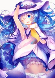 Rule 34 | 1girl, armpits, bad id, bad pixiv id, bare shoulders, blue eyes, blue hair, bow, cloak, commentary, dress, fang, frilled dress, frills, fuyuzuki gato, gloves, hand on headwear, hat, hat bow, hatsune miku, highres, large hat, legs up, long hair, looking at viewer, necktie, one eye closed, open mouth, purple gloves, shirt, skin fang, sleeveless, sleeveless shirt, smile, solo, twintails, very long hair, vocaloid, white background, white cloak, white dress, white hat, witch hat, yellow necktie, yuki miku, yuki miku (2014)