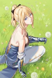 Rule 34 | 1girl, absurdres, back, baishui, bare back, blue gloves, breasts, cleavage, closed mouth, commentary request, dandelion, flower, genshin impact, gloves, grass, highres, holding, holding flower, jean (genshin impact), kneeling, looking at viewer, medium breasts, pants, smile, solo, white pants