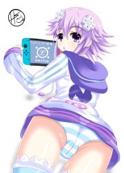 Rule 34 | 1girl, ass, blush, cameltoe, d-pad, from behind, from below, hair ornament, hairclip, helvetica std, highres, hood, hoodie, looking at viewer, neptune (neptunia), neptune (series), open mouth, panties, playing games, purple eyes, purple hair, shiny skin, short hair, solo, striped clothes, striped panties, striped thighhighs, thighhighs, underwear, upskirt