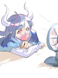 Rule 34 | 1girl, ahoge, blue cape, blue hair, cape, covered mouth, curled horns, dinosaur girl, electric fan, horns, long hair, mask, mouth mask, multicolored hair, one piece, pink eyes, pink hair, pink mask, raine (acke2445), shirt, solo, streaked hair, ulti (one piece), white shirt