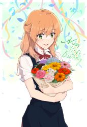 Rule 34 | 1girl, absurdres, blush, bouquet, bow, collared shirt, commentary request, confetti, cursive, dress, flower, green eyes, half updo, happy birthday, highres, holding, holding bouquet, long hair, open mouth, orange hair, pinafore dress, red bow, saeki sayaka, shirt, short sleeves, sleeveless, sleeveless dress, smile, solo, streamers, summer uniform, teeth, upper teeth only, white shirt, yagate kimi ni naru, yuuri (orz commushows)