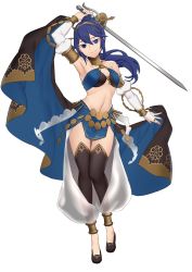 Rule 34 | 1girl, absurdres, alternate costume, armlet, armpits, bare shoulders, blue eyes, blue hair, blush, bracelet, breasts, cleavage, cosplay, dancer, earrings, ebinku, falchion (fire emblem), fire emblem, fire emblem awakening, fire emblem heroes, full body, gloves, hair between eyes, highres, jewelry, long hair, looking at viewer, lucina (fire emblem), midriff, navel, necklace, nintendo, olivia (fire emblem), olivia (fire emblem) (cosplay), simple background, smile, solo, sword, thighhighs, tiara, weapon