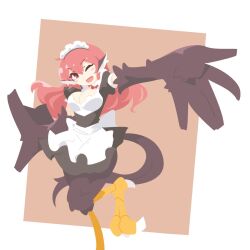 Rule 34 | 1girl, animal ears, apron, big o pants, bird ears, bird legs, bird tail, black dress, black feathers, black wings, blush stickers, breasts, brown background, cleavage, commentary request, dress, feather fingers, feathers, fio-chan (big o pants), harpy, highres, large breasts, long hair, maid, maid headdress, monster girl, one eye closed, open mouth, original, red eyes, red hair, solo, standing, standing on one leg, tail, talons, waist apron, white background, winged arms, wings