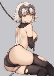 Rule 34 | 1girl, :&lt;, ass, back, bare shoulders, bdsm, between legs, black gloves, black panties, black thighhighs, bondage, bound, brown hair, chain, chained, closed mouth, commentary request, covering privates, covering breasts, detached collar, elbow gloves, fate/apocrypha, fate (series), from behind, gloves, grey background, headpiece, highres, jeanne d&#039;arc (fate), jeanne d&#039;arc alter (avenger) (fate), jeanne d&#039;arc alter (fate), looking at viewer, looking back, panties, reclining, short hair, silver hair, simple background, skindentation, solo, thighhighs, topless, torn clothes, torn thighhighs, tsuki suigetsu, underwear, underwear only, v-shaped eyebrows