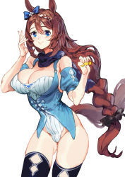 Rule 34 | 1girl, absurdres, animal ears, bandana, black thighhighs, blue dress, blue eyes, blush, bow, braid, braided ponytail, breasts, brown hair, candy, cleavage, closed mouth, codename47, cowboy shot, detached sleeves, dress, ear bow, food, groin, hands up, highres, horse ears, horse girl, horse tail, large breasts, leotard, looking at viewer, short sleeves, simple background, smile, solo, super creek (umamusume), tail, thighhighs, umamusume, white background, white leotard