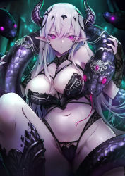 Rule 34 | 1girl, animal, animal around neck, armor, bikini armor, black nails, breasts, bridal gauntlets, chest harness, cleavage, demon horns, grey hair, hair ornament, harness, highres, horns, kai (ootamuno12), knee up, large breasts, long hair, looking at viewer, nail polish, navel, original, pink eyes, pointy ears, revealing clothes, scales, sitting, snake