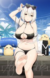 Rule 34 | 1girl, azur lane, bag, bare shoulders, barefoot, belly, bikini, black bikini, blush, breasts, choker, cleavage, collarbone, commentary request, day, eyewear on head, feet, foot up, hair between eyes, hand up, head tilt, heart, heart-shaped eyewear, innertube, large breasts, looking at viewer, manjuu (azur lane), navel, o-ring, o-ring top, off shoulder, open mouth, outdoors, palm tree, red eyes, scrunchie, see-through, short hair, short twintails, sirius (azur lane), sirius (scorching-hot seirios) (azur lane), sky, sky-freedom, soles, solo, sunglasses, swim ring, swimsuit, thigh strap, toes, tree, twintails, white hair, white scrunchie, wrist scrunchie