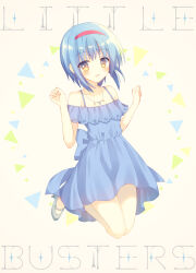 Rule 34 | 1girl, absurdres, aiyan, alternate costume, back bow, bare shoulders, blue bow, blue dress, blue hair, blush, bow, casual, collarbone, commentary request, copyright name, dress, eyelashes, eyes visible through hair, frilled dress, frills, grey footwear, hair between eyes, hairband, high heels, highres, jumping, little busters!, looking at viewer, midair, nishizono mio, open mouth, red hairband, short hair, simple background, smile, solo, w arms, yellow background, yellow eyes